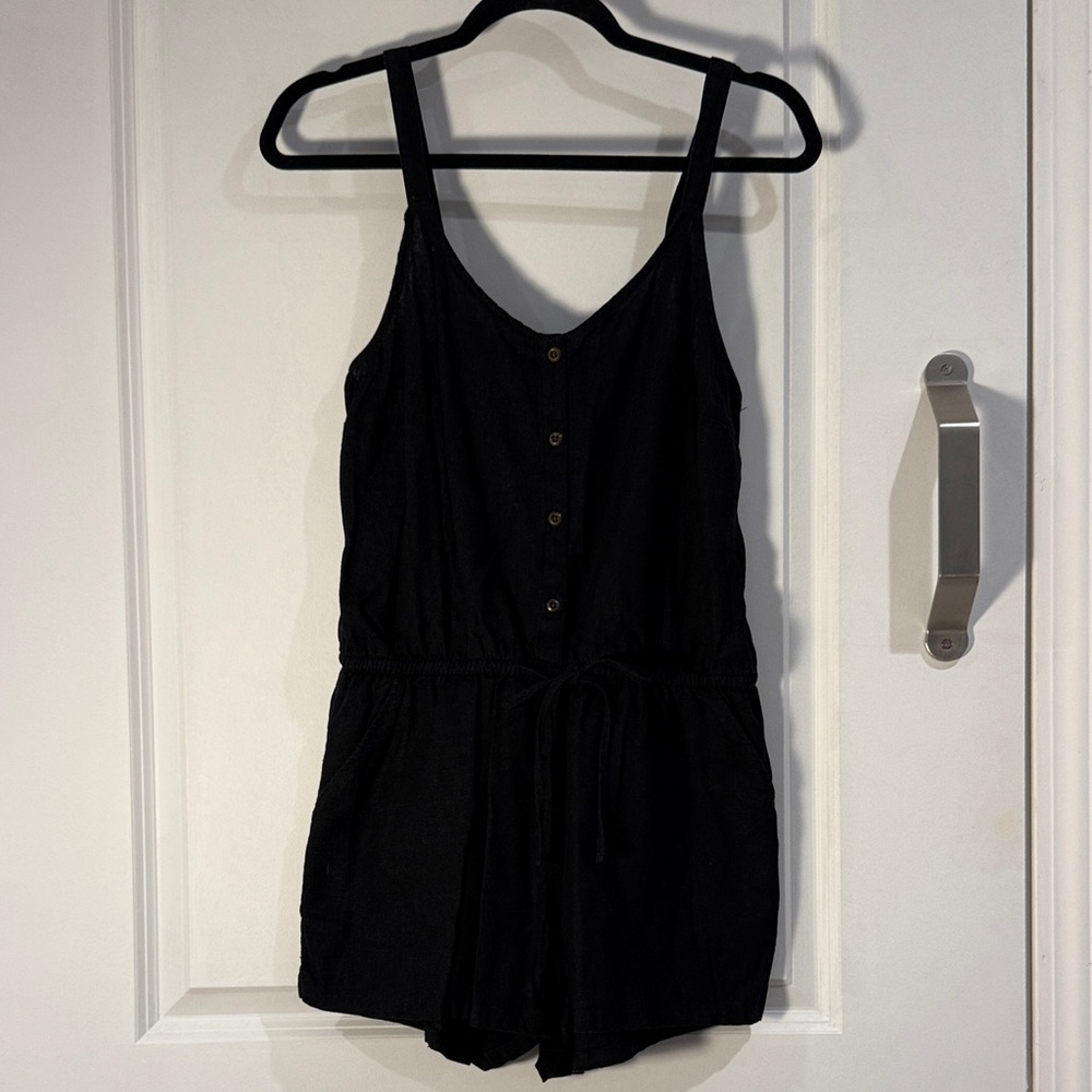 Old Navy black linen Button-Front Jumpsuit with drawstring waist